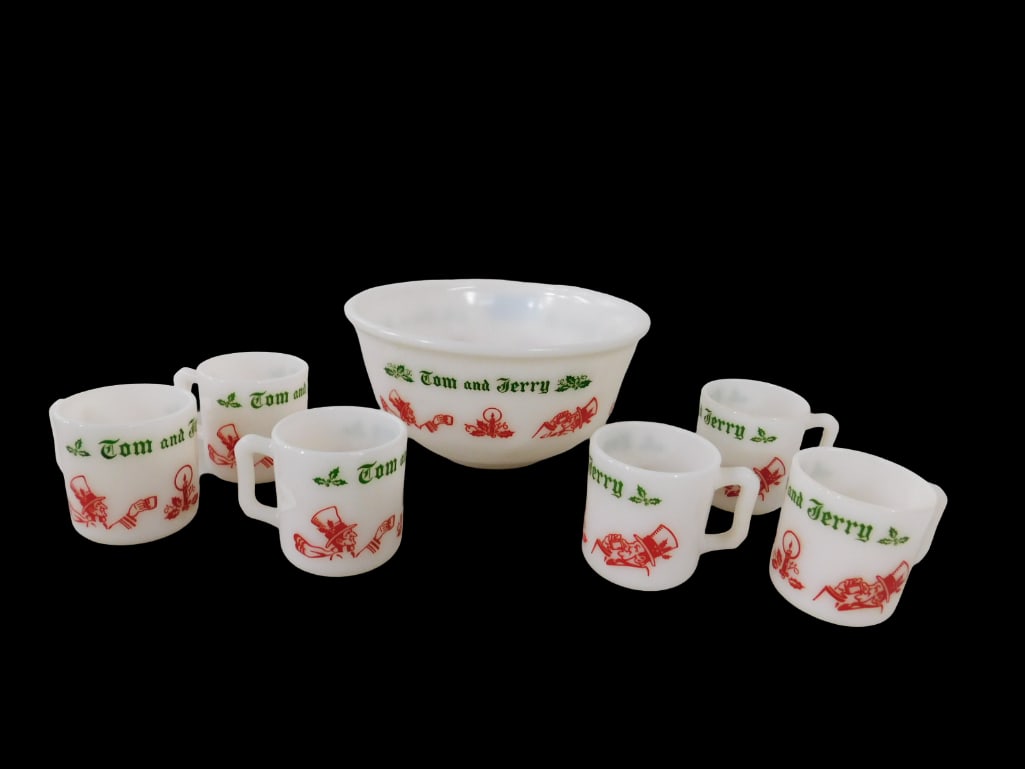 Vintage Hazel Atlas Tom and Jerry Punch Bowl and 6 Mugs: Vintage Hazel Atlas Tom and Jerry Punch Bowl and 6 Mugs. All pictures are considered part of the description and should be examined carefully by bidders. Live Auctioneers is now offering Live Shipping