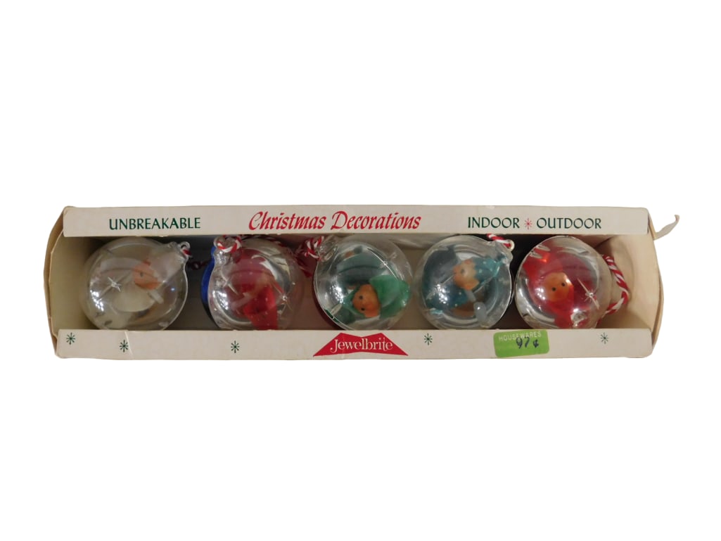 Set of 5 Jewelbrite Pixie Elf Ornaments In Box: Set of 5 Jewelbrite Pixie Elf Ornaments In Box. All pictures are considered part of the description and should be examined carefully by bidders. Live Auctioneers is now offering Live Shipping through 