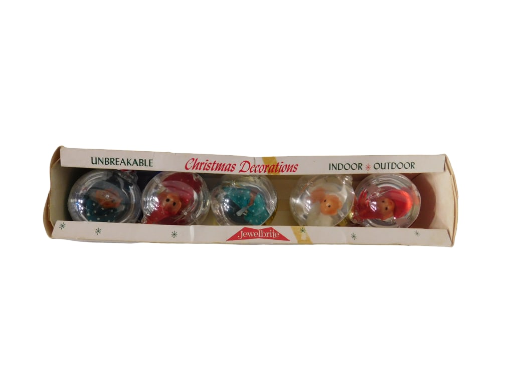 Set of 5 Jewelbrite Pixie Elf Ornaments In Box: Set of 5 Jewelbrite Pixie Elf Ornaments In Box. All pictures are considered part of the description and should be examined carefully by bidders. Live Auctioneers is now offering Live Shipping through 