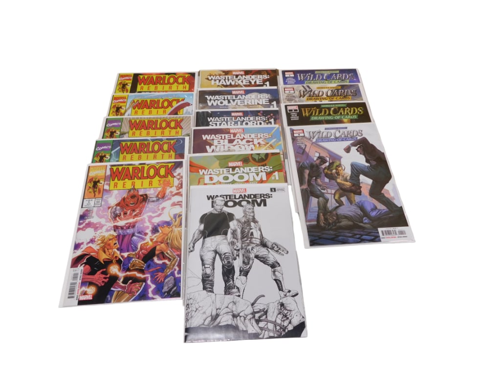 15 Comic Books incl Warlock: Rebirth, Wastelanders: Black Widow, Wastelanders: Doom, Wastelanders: H: 15 Comic Books incl Warlock: Rebirth, Wastelanders: Black Widow, Wastelanders: Doom, Wastelanders: Hawkeye, Wastelanders: Star-Lord, Wastelanders: Wolverine, Wild Cards, Vol. 2 All pictures are consi