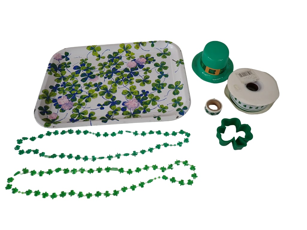 Vintage Four Leaf Clover Tin Tray and Package of Misc Vintage St. Patrick's Day Decor (1 of 4)