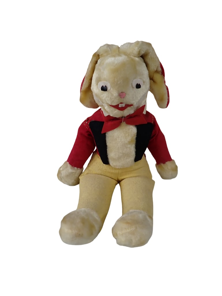 Plush Bunny in Red Tail Coat, 20" Tall: Plush Bunny in Red Tail Coat, 20" Tall. Has some damage to the shoulder All pictures are considered part of the description and should be examined carefully by bidders. Live Auctioneers is n