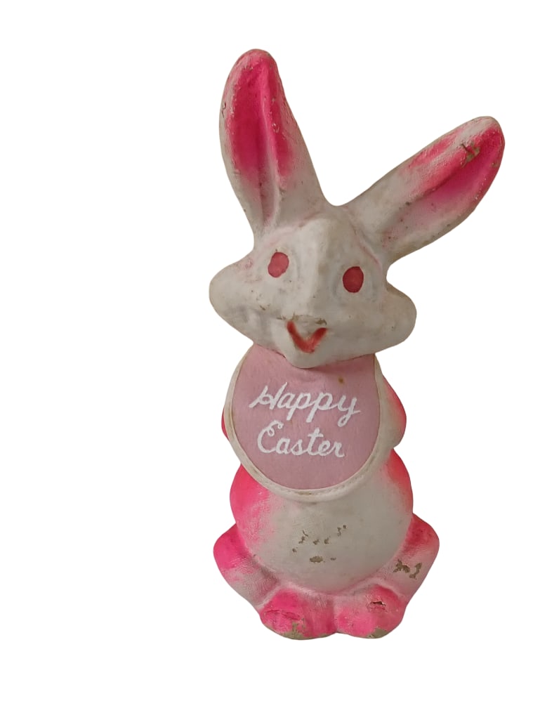 9" Tall Paper Mache Hot Pink Bunny with Happy Easter Bib: 9" Tall Paper Mache Hot Pink Bunny with Happy Easter Bib. All pictures are considered part of the description and should be examined carefully by bidders. Live Auctioneers is now offering Live Shi