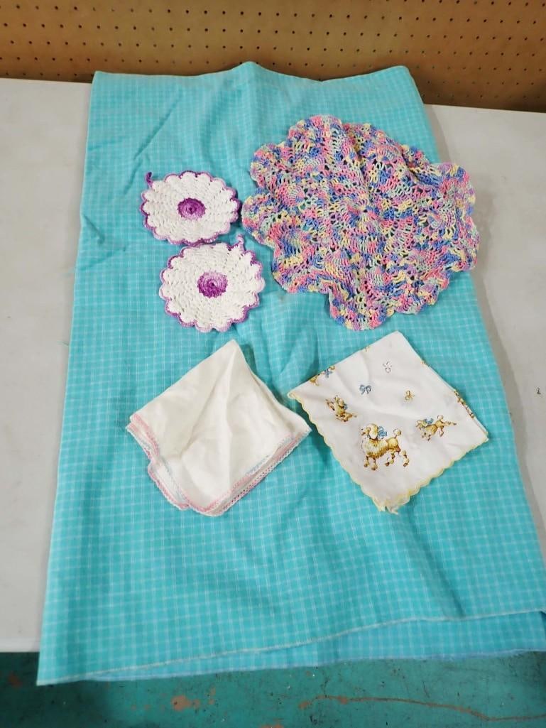 Lot of Vintage Linens Including Turquoise Tablecloth, Poodle Handkerchief, Colorful Trim Handkerchie: Lot of Vintage Linens Including Turquoise Tablecloth, Poodle Handkerchief, Colorful Trim Handkerchief and Purple and Colorful Doilies. All pictures are considered part of the description and should b