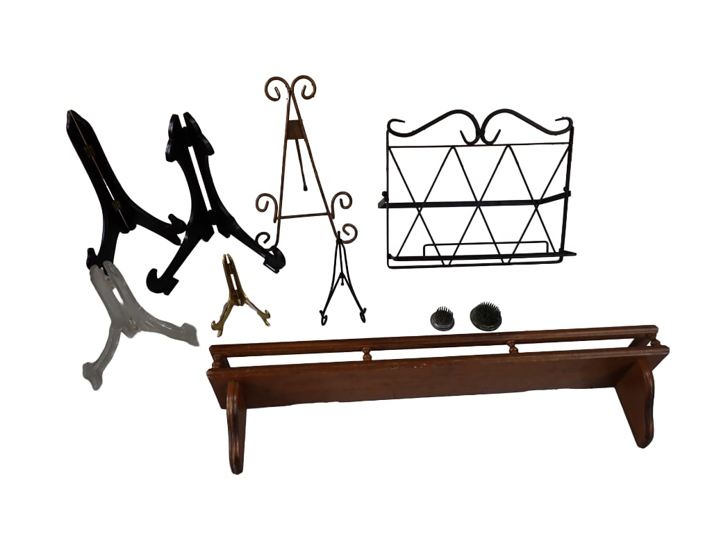 Loto of Home Decor Display Items Including Vintage Wooden Shelf, Metal Flower Frogs, Book Stand and (1 of 6)