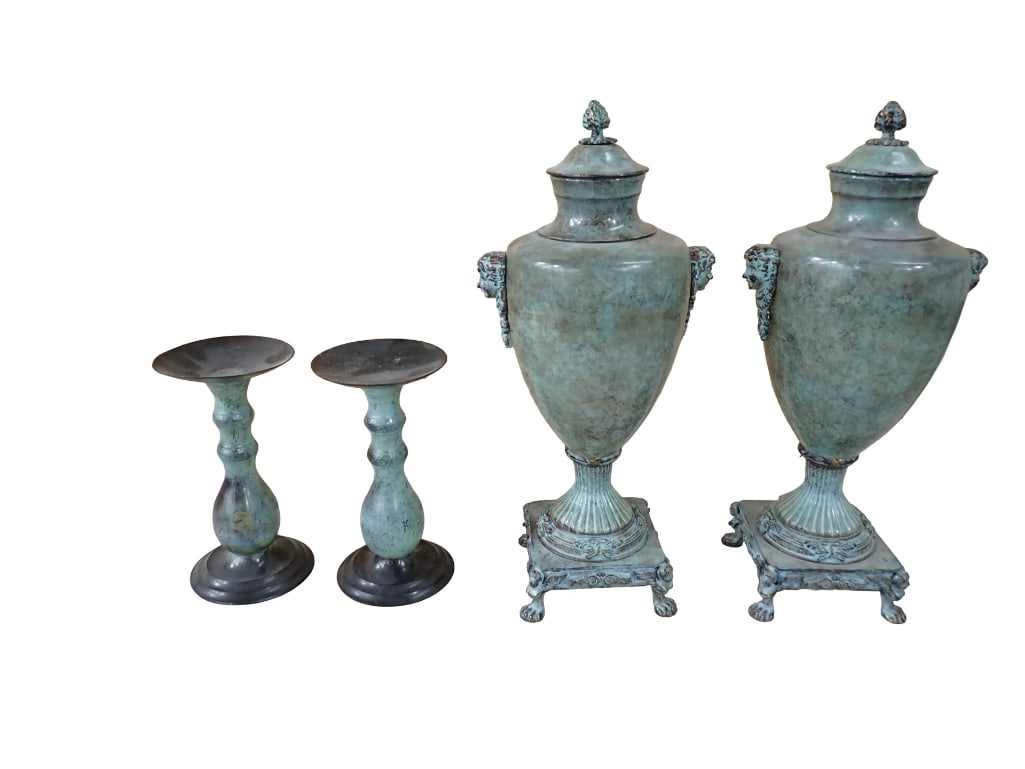 Lot of Two Green Bronzed Urns and Two Candle Holders (1 of 6)