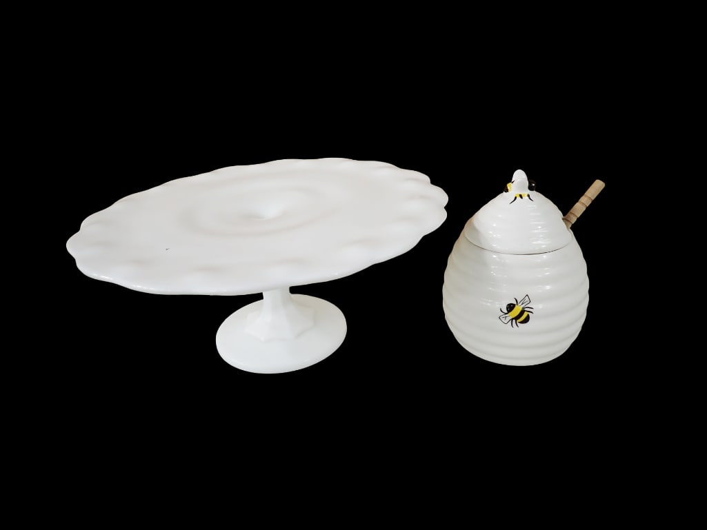 Milk Glass Cake Stand and White Ceramic Honey Pot (1 of 4)