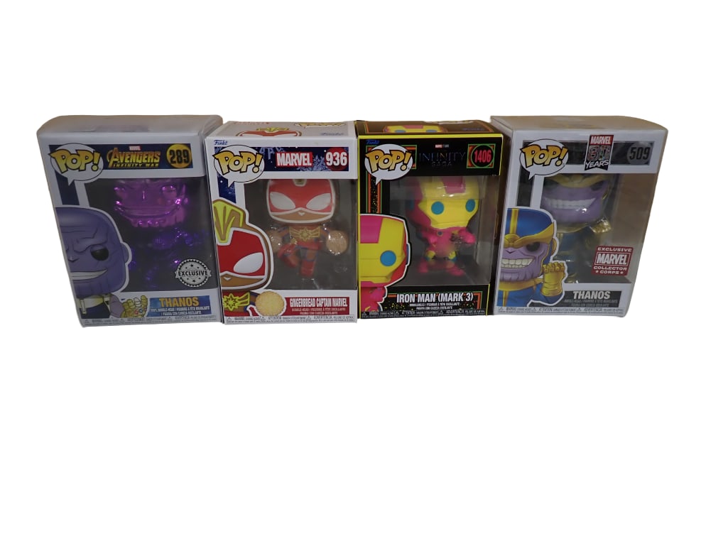 Lot of 4 Marvel Funko Pop! Figures Including Thanos, Gingerbread Captain Marvel, Iron Man (Mark 3 (1 of 4)