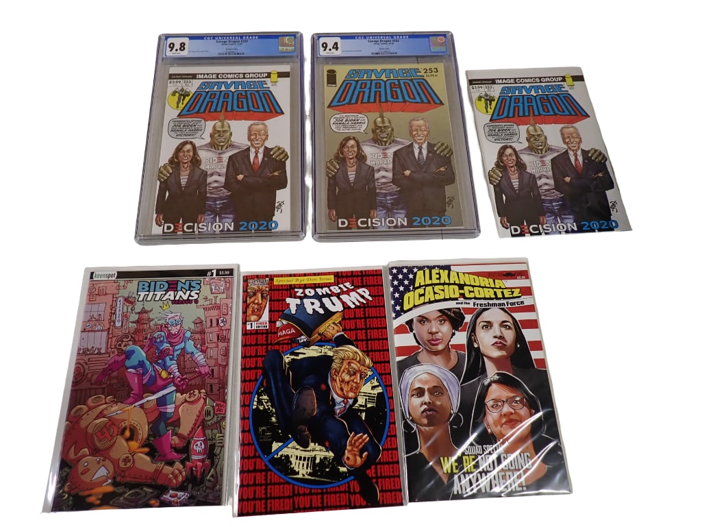 6 Political Comic Books incl 9.8 CGC Graded Comic Savage Dragon #253 with Variant Cover (1 of 4)