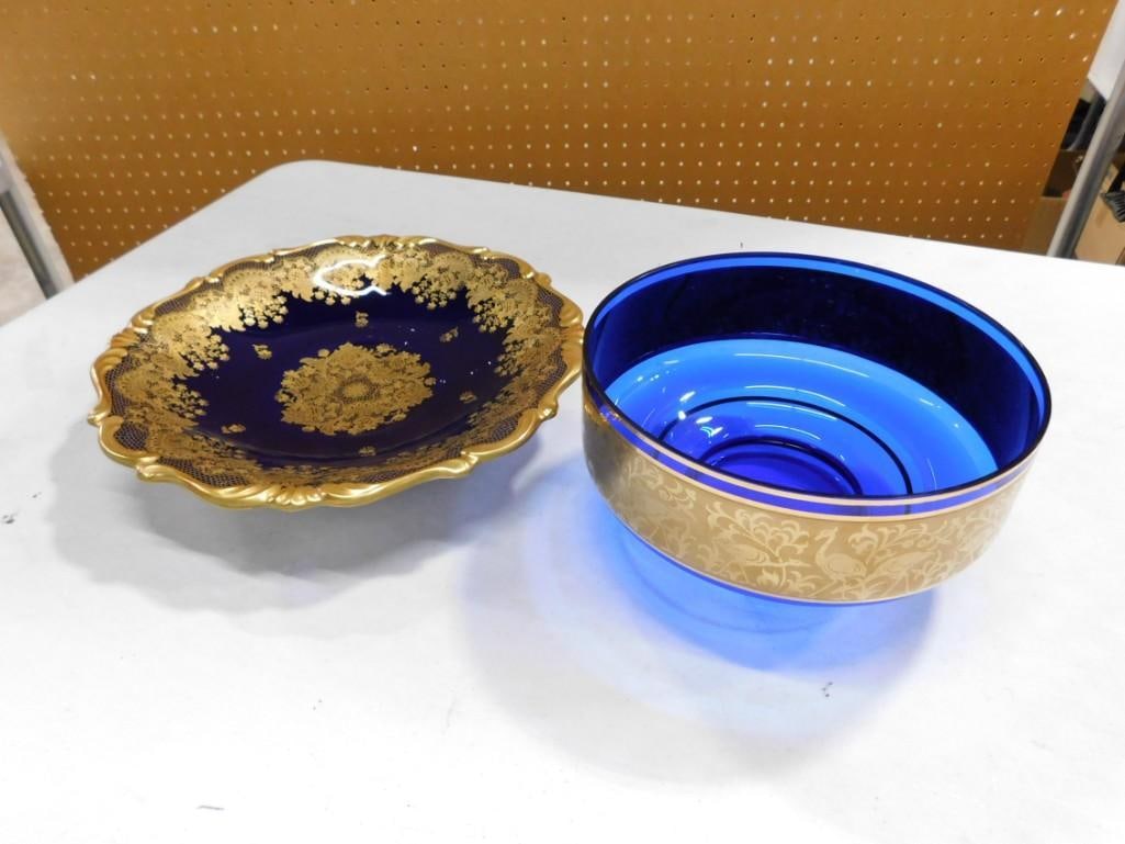 Cobalt Blue Glass Serving Bowl with Gold Gilt Trim and Lindner China Blue and Gold Serving Platter o (1 of 5)