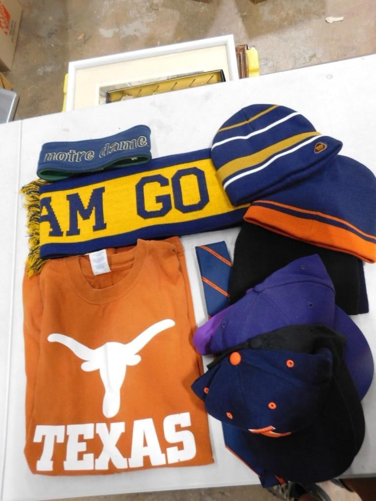 Lot of College Sports Items incl Texas Longhorns Shirt, Go Team Scarf, Notre Dame Headband,: Lot of College Sports Items incl Texas Longhorns Shirt, Go Team Scarf, Notre Dame Headband, University of Illinois Hat, Northwestern University Caps, etc All pictures are considered part of the descri