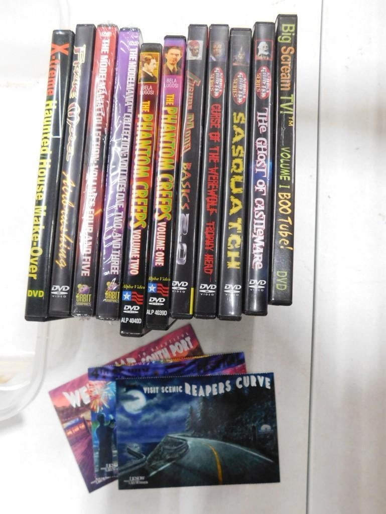 Halloween and Horror DVDs incl 2 The Phantom Creeps, Sasquatch, The Ghost of Castlemare,: Lot of Horror DVDs incl 2 The Phantom Creeps, Sasquatch, The Ghost of Castlemare, Curse of the Werewolf, etc. The Modelmania DVDs are sealed. Also includes 4 Horror Postcards. All pictures