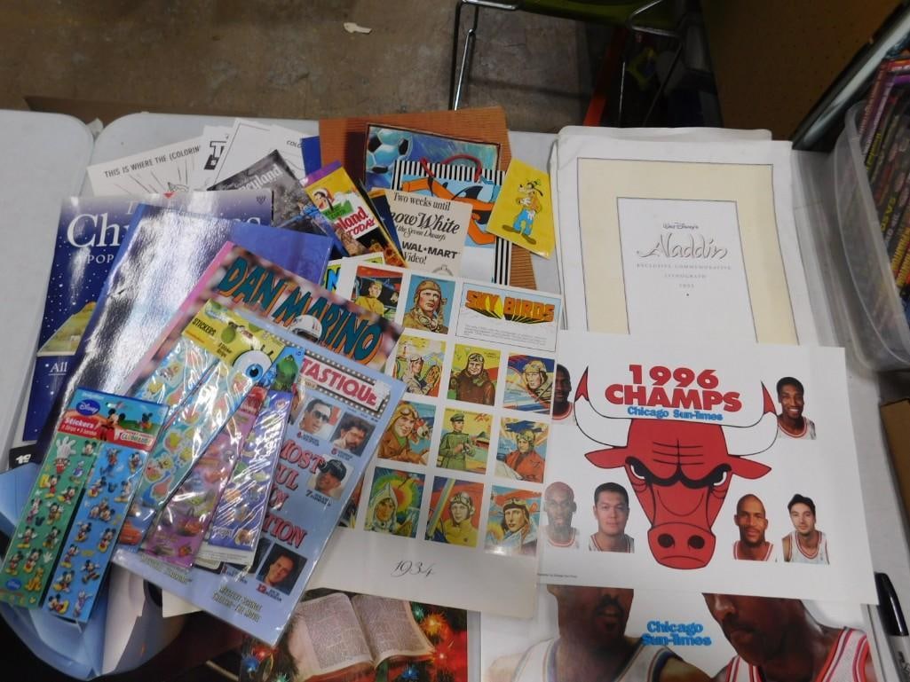 Lot of Ephemera incl Disney, Chicago Bulls 1996 Champs, Dan Marino, Aladdin, Etc: Lot of Ephemera incl Disney, Chicago Bulls 1996 Champs, Dan Marino, Aladdin, Disney stickers, Etc All pictures are considered part of the description and should be examined carefully by bidders. Live 