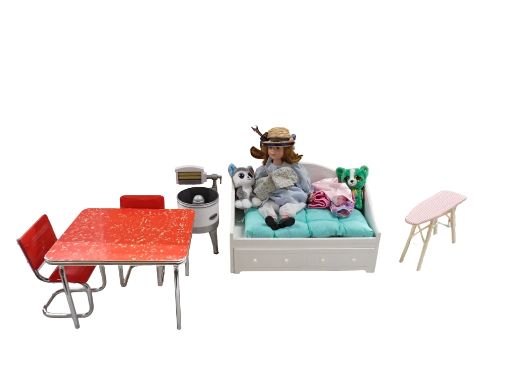Doll and Doll Furniture incl American Girl Washmore Washing Machine, Molly's Chrome Table and Chairs (1 of 7)