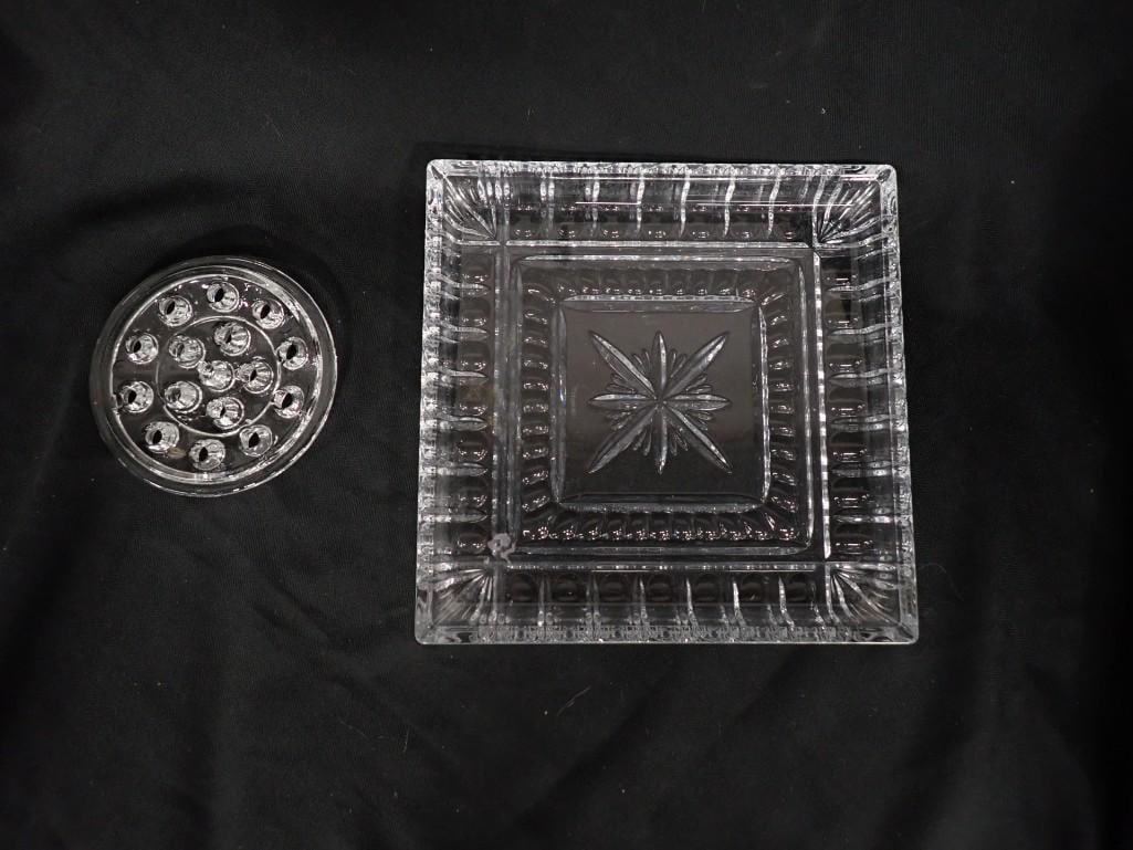 Waterford Crystal O'Connell Star Cut Square Vide Poche Tray and a Glass Flower Frog (1 of 6)