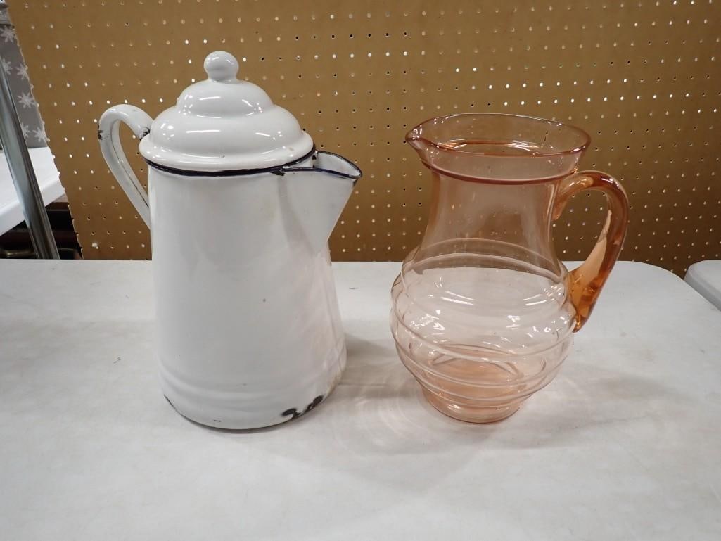 Vintage Pink Depression Glass Pitcher and Vintage Enamelware Coffee Pot (1 of 12)