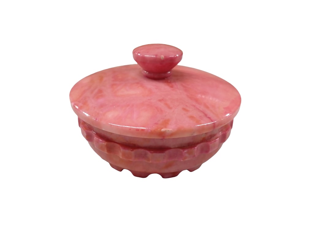 Pink Carved Stone Trinket Box: Pink Carved Stone Trinket Box All pictures are considered part of the description and should be examined carefully by bidders. Live Auctioneers is now offering Live Shipping through them. This is an o