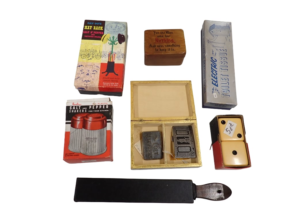 Vintage Collectibles incl Electric Toilet Tissue, Hat Rack Salt n' Pepper and Toothpick Holder,: Vintage Collectibles incl Electric Toilet Tissue, Hat Rack Salt n' Pepper and Toothpick Holder, 2 belt buckles incl Colt Revolver belt buckle and 5 dollar bill belt buckle, dice, vintage plastic s
