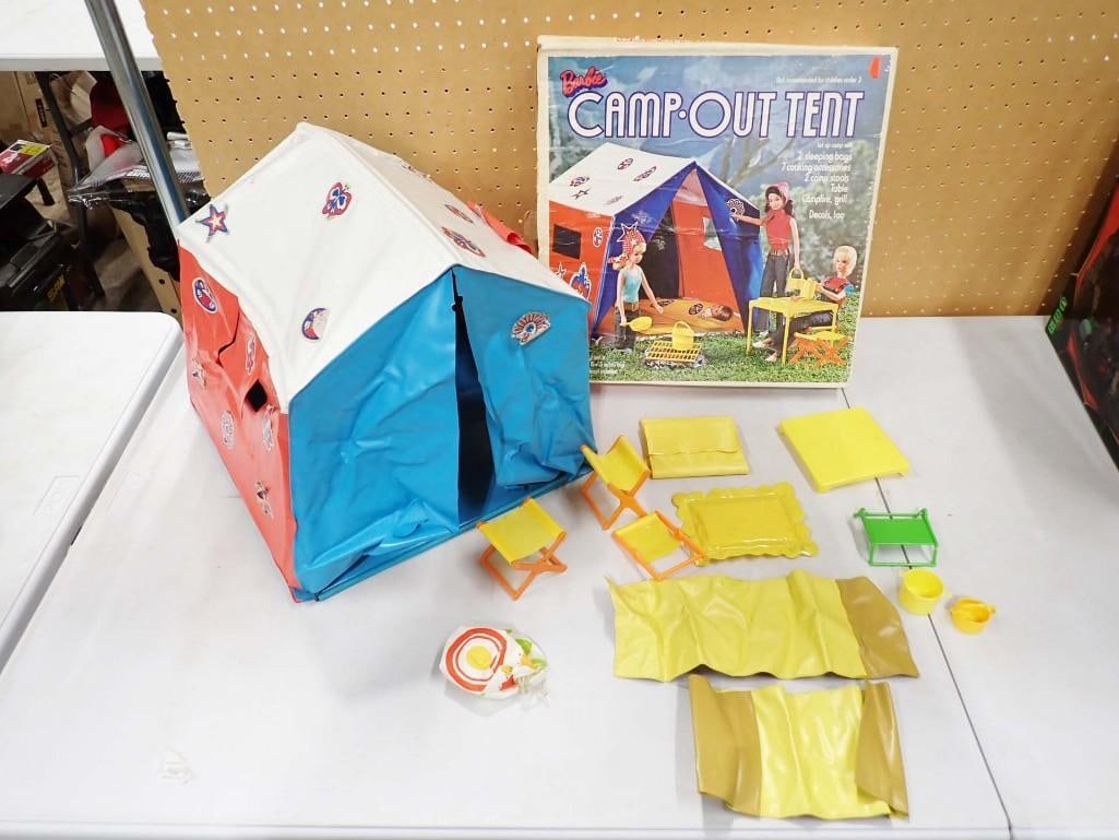 Vintage Barbie Camp Out Tent with Original Box Includes Accessories Shown: Vintage Barbie Camp Out Tent with Original Box Includes Accessories Shown All pictures are considered part of the description and should be examined carefully by bidders. Live Auctioneers is now off