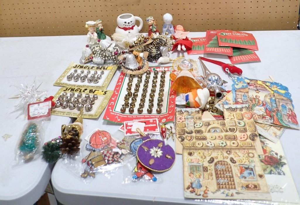 Christmas / Winter Decor Lot including Jingle Bells, Ephemera, Figures, Garland, Ornaments, Tree Top (1 of 5)