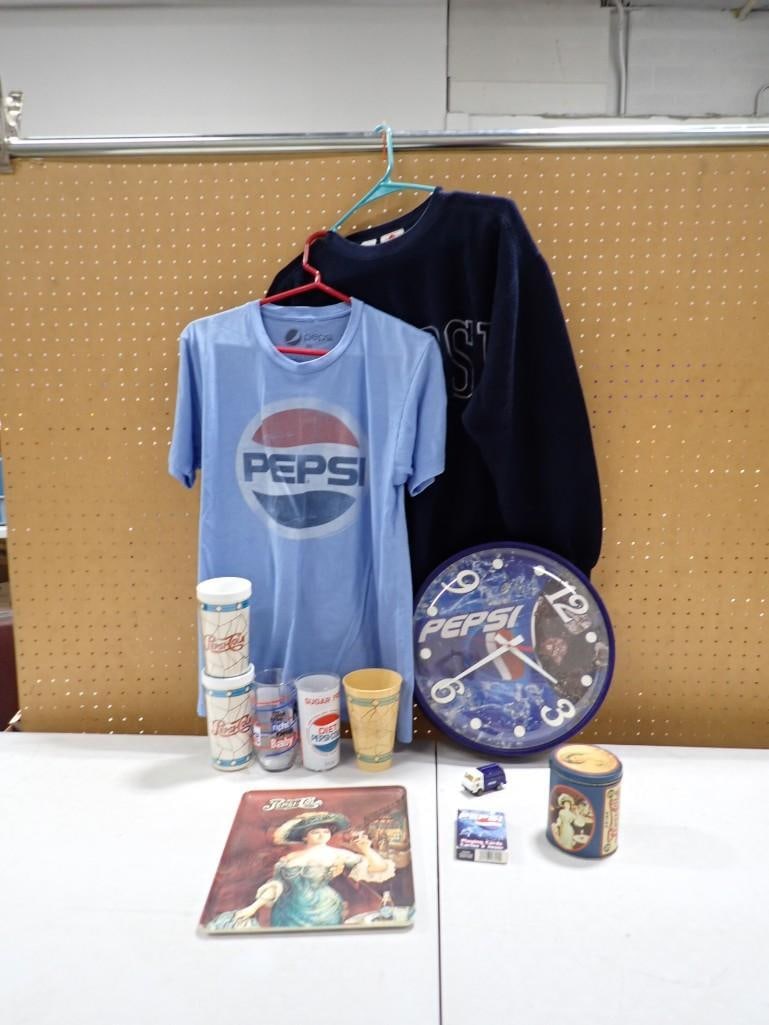 Pepsi Advertising Lot including Shirts, Clock, Cups, Glasses, Tray, Playing Cards, Etc.: Pepsi Advertising Lot including Shirts, Clock, Cups, Glasses, Tray, Playing Cards, Etc. All pictures are considered part of the description and should be examined carefully by bidders. Live Auctioneer