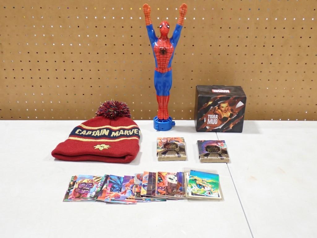 Marvel Lot including Spiderman Figure, Captain Marvel Hat, Tigra Mug, Trading Cards, etc. (1 of 6)