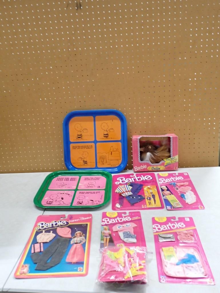 Lot of Vintage Peanuts Comic Strip Metal Trays and New in Package Barbie Clothes / Accessories and (1 of 6)