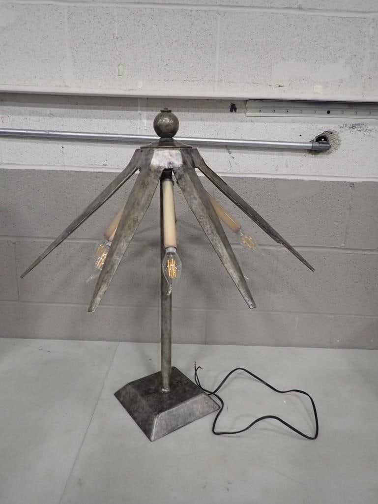 Mid Century Modern Metal Lamp / Chandelier: Mid Century Modern Metal Lamp / Chandelier - Needs to be wired into the Ceiling or have a regular plug attached. All pictures are considered part of the description and should be examined carefully by