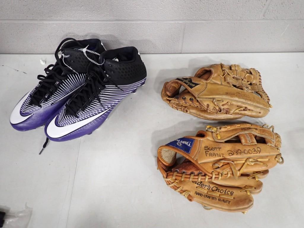 Baseball Lot including Nike Size 13 Cleats, Two Mitts / Gloves - Spalding and MacGregor: Baseball Lot including Nike Size 13 Cleats, Two Mitts / Gloves - Spalding and MacGregor All pictures are considered part of the description and should be examined carefully by bidders. Live Auctioneer