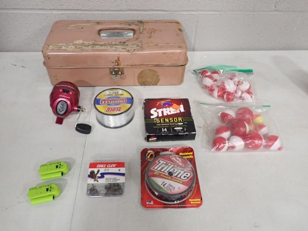 Fishing Lot including Tackle Box, Bobbers, Reel, Line, Hooks, etc: Fishing Lot including Tackle Box, Bobbers, Reel, Line, Hooks, etc All pictures are considered part of the description and should be examined carefully by bidders. Live Auctioneers is now offering Live