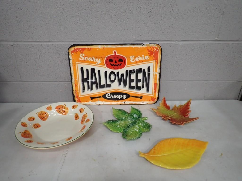 Halloween / Fall Decor Lot including Retro Tray, Ceramic Leaf Wall Hangings or Trivets, Serving Plat (1 of 8)
