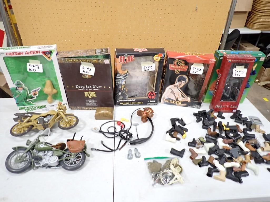 GI Joe Toys, Accessories, and Empty Boxes incl GI Joe Harley Davidson Motorcycle, GE Joe 35th Annive: GI Joe Toys, Accessories, and Empty Boxes incl GI Joe Harley Davidson Motorcycle, GE Joe 35th Anniversary Special Forces Fast Attack Cycle, many boots for action figures, and Empty Toy Boxes (that do