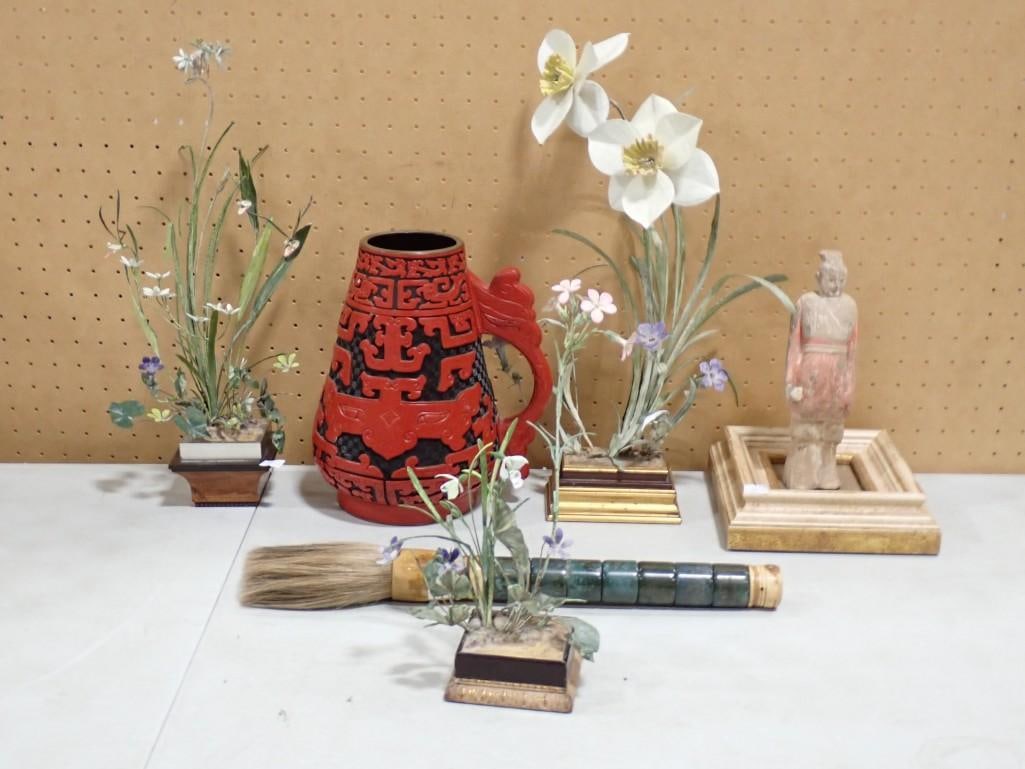 Asian Style Decor incl Red and Black Vase - Cinnabar Style Resin, Pottery Figure, (1 of 8)