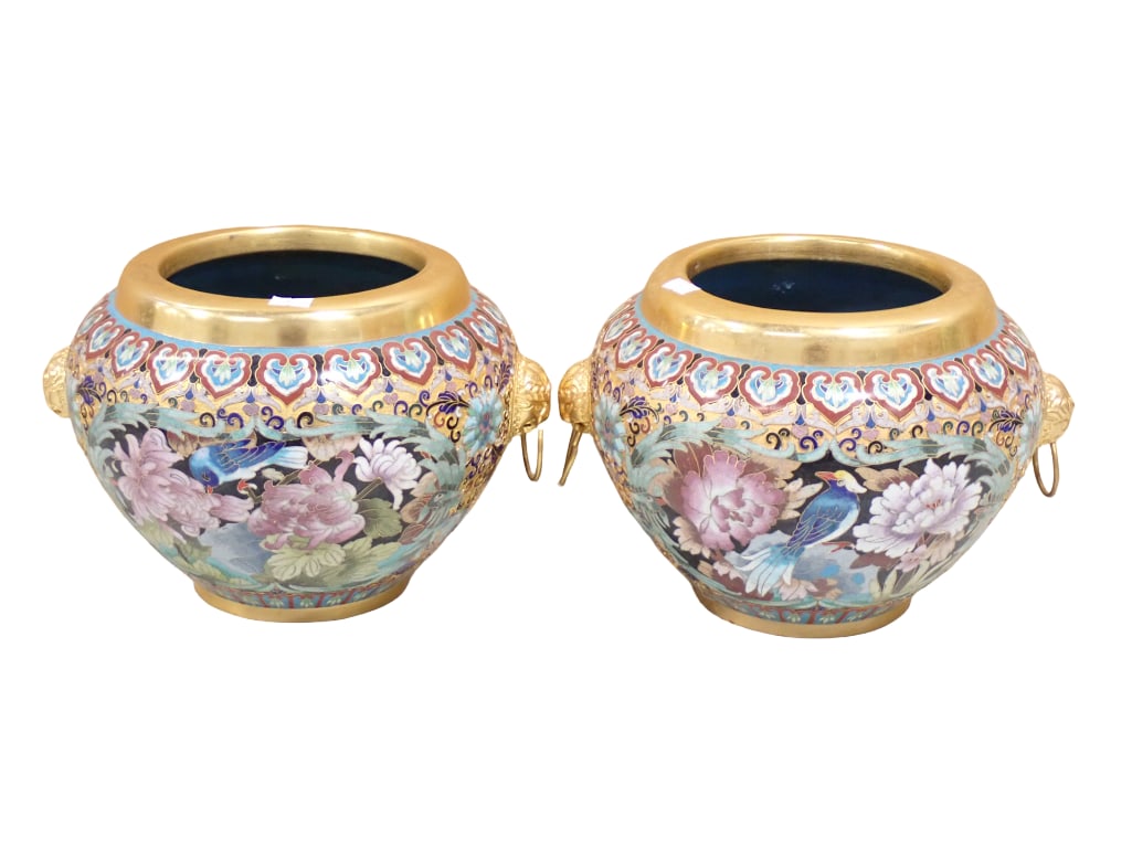Pair of Cloisonne Vases or Planters: Pair of Cloisonne Vases or Planters All pictures are considered part of the description and should be examined carefully by bidders. Live Auctioneers is now offering Live Shipping through them. This