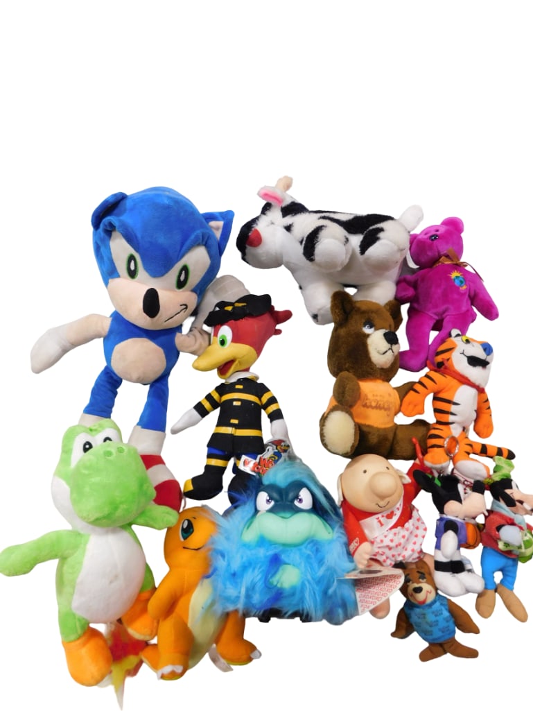 Lot of Plush incl Sonic the Hedgehog, Yoshi, Sugar Bear, Tony the Tiger, Charmander, etc: Lot of Plush incl Sonic the Hedgehog, Yoshi, Sugar Bear, Tony the Tiger, Charmander, etc All pictures are considered part of the description and should be examined carefully by bidders. Live Auction