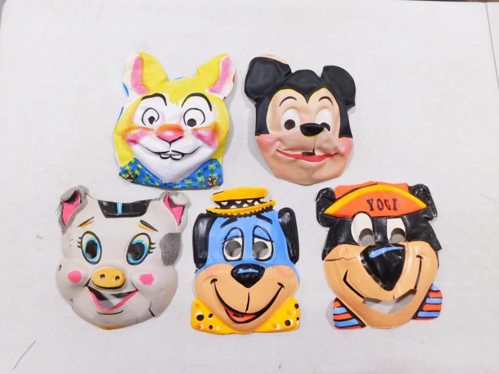 5 Vintage Halloween Masks incl Mickey Mouse, Huckleberry Hound, Yogi Bear, etc (1 of 4)