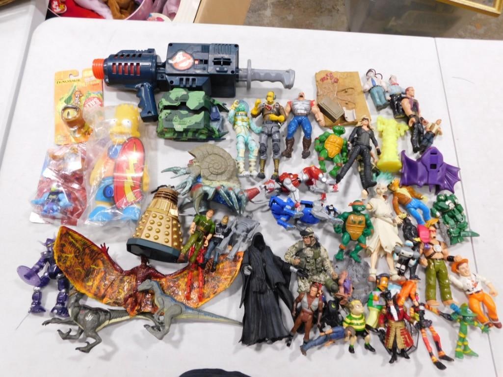 Small Toys and Action Figures Lot incl TMNT Teenage Mutant Ninja Turtles, Bart Simpson,: Small Toys and Action Figures Lot incl TMNT Teenage Mutant Ninja Turtles, Bart Simpson, Ghostbusters Blaster, Plastic Dinosaurs, etc All pictures are considered part of the description and should be