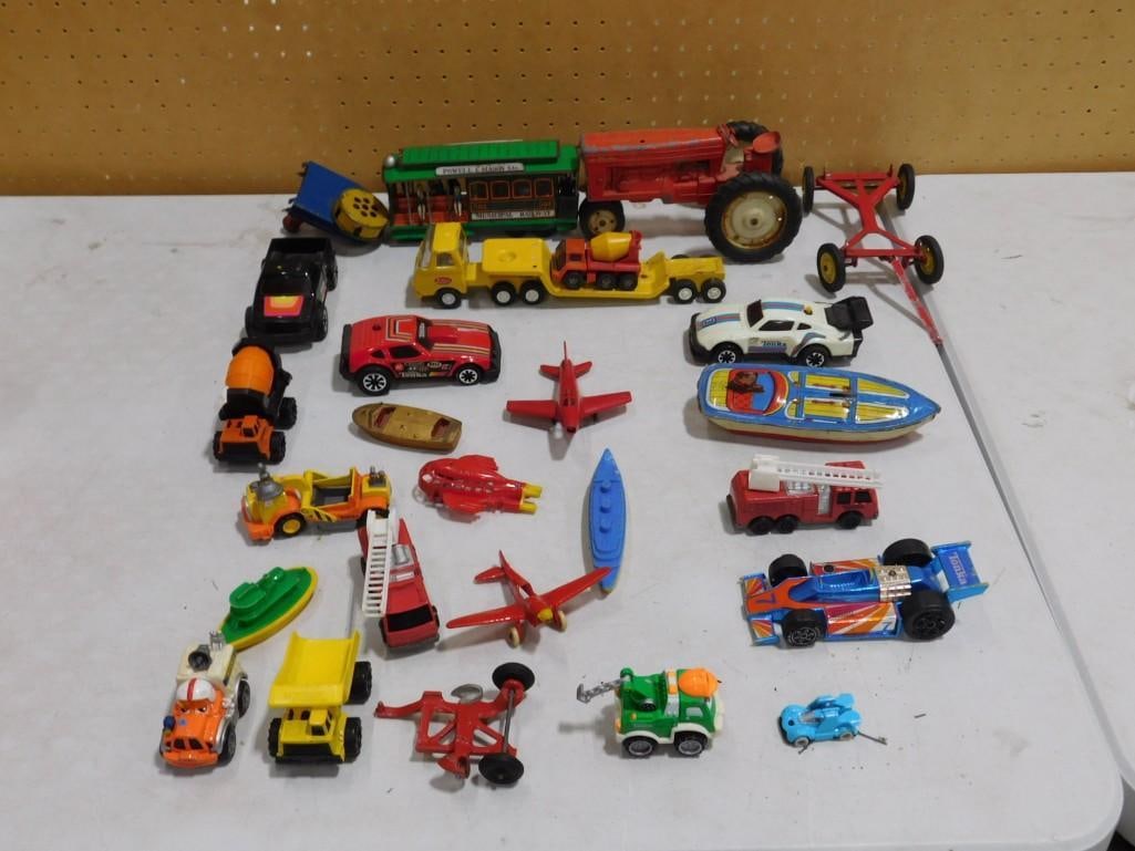 Lot of assorted Toy Cars, Trucks, Boats, Farm Equipment, etc. Including Die Cast, Tonka, etc (1 of 9)