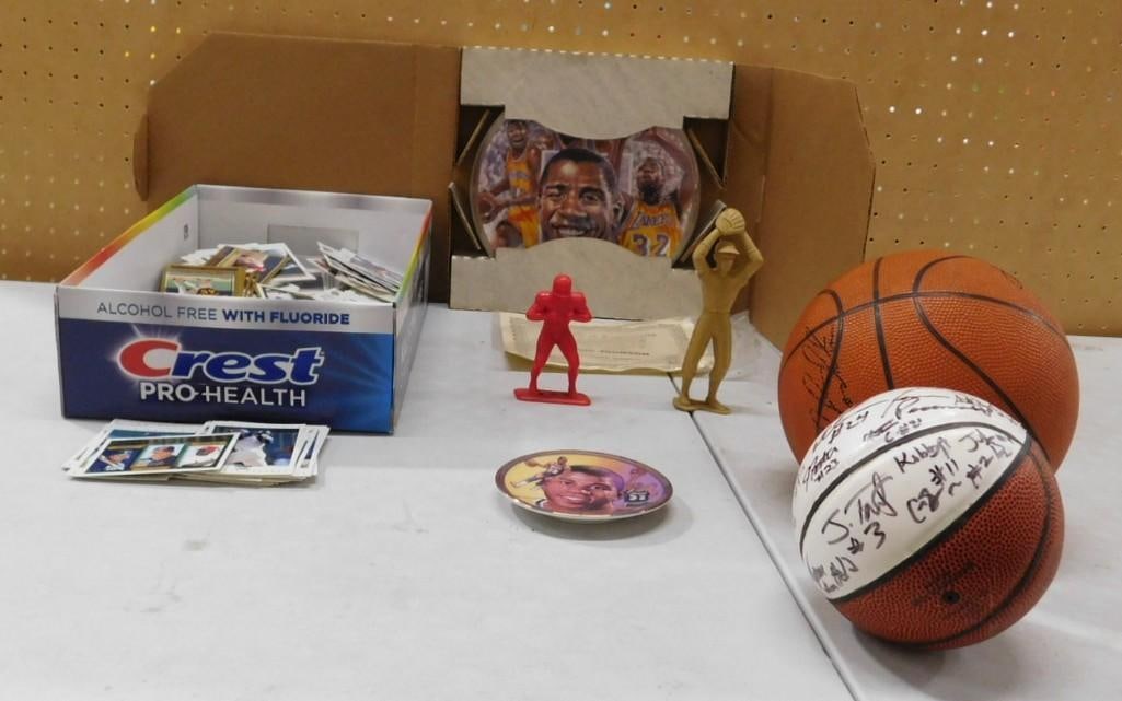 Sports Lot including Assorted Cards, Magic Johnson Plate, Figures, Autographed Basketball (1 of 7)