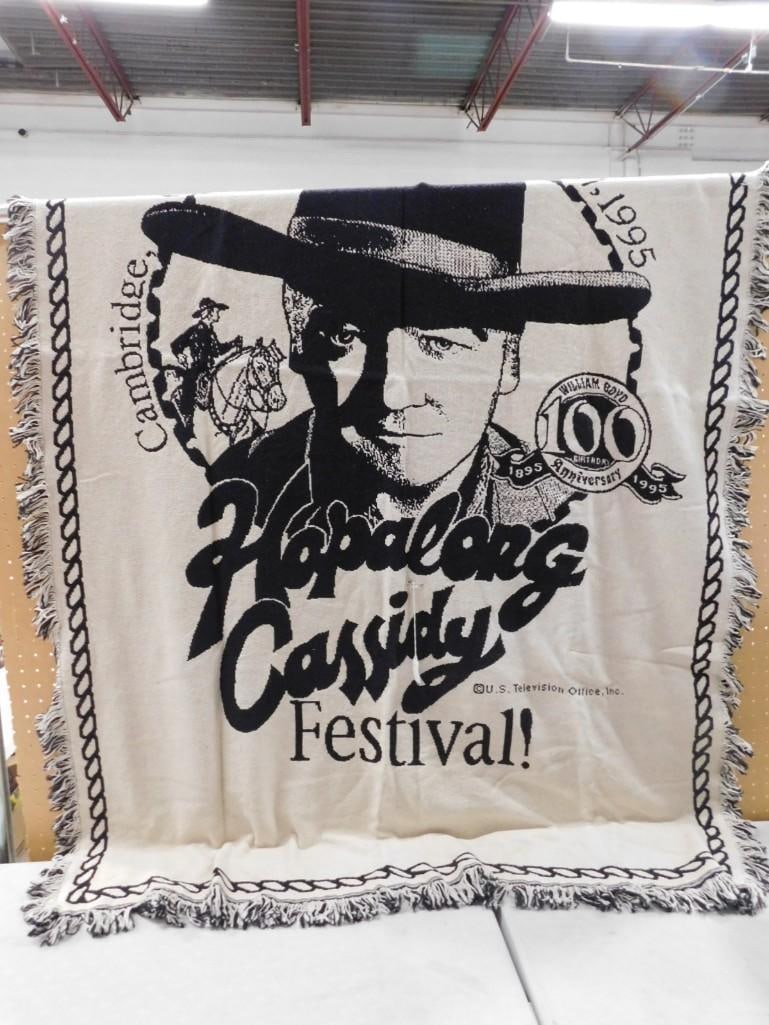 100 Year Anniversary Hopalong Cassidy Blanket or Bed Spread - roughly 46x67": 100 Year Anniversary Hopalong Cassidy Blanket or Bed Spread - roughly 46x67" All pictures are considered part of the description and should be examined carefully by bidders. Live Auctioneers is no