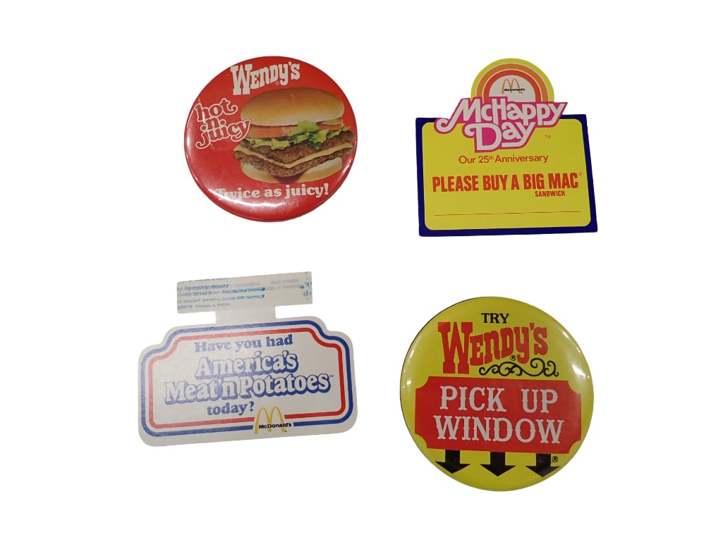 Vintage Employee Buttons and Advertising from Wendy's and McDonald's: Vintage Employee Buttons and Advertising from Wendy's and McDonalds All pictures are considered part of the description and should be examined carefully by bidders. Live Auctioneers is now offerin