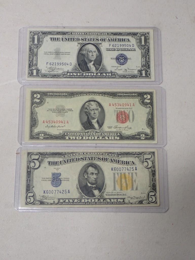 Very Nice Condition Silver Certificates including 1934A Yellow Seal $5, 1953 Red Seal $2 and 1935B (1 of 7)