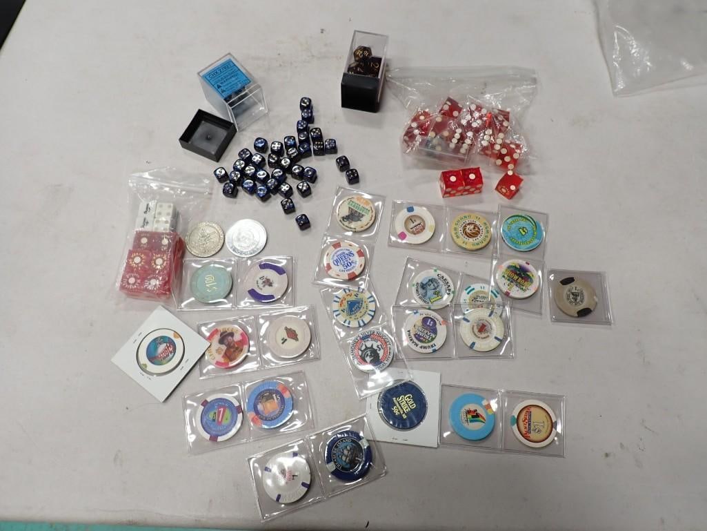 Lot of Assorted Casino Chips, Tokens, Dice including Las Vegas and Polyhedral Die Set, and set of 36 (1 of 13)