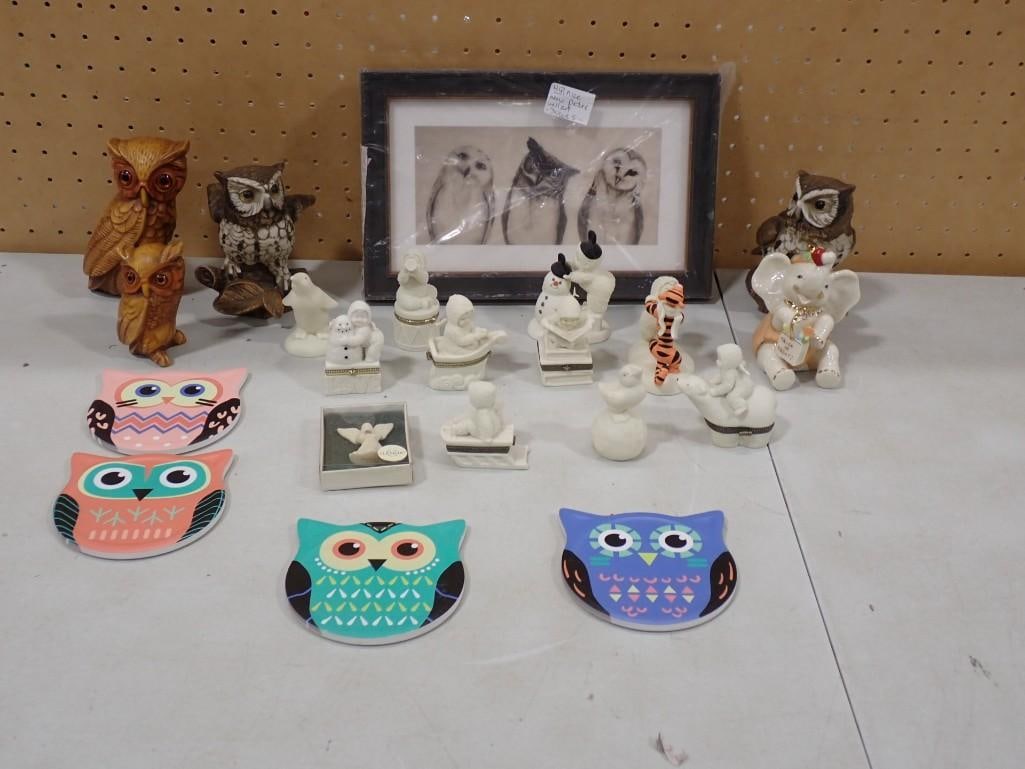 Owl Figures, Picture, Trivets, Porcelain Homco, other Figurines including Snowbabies, Dept 56 (1 of 6)