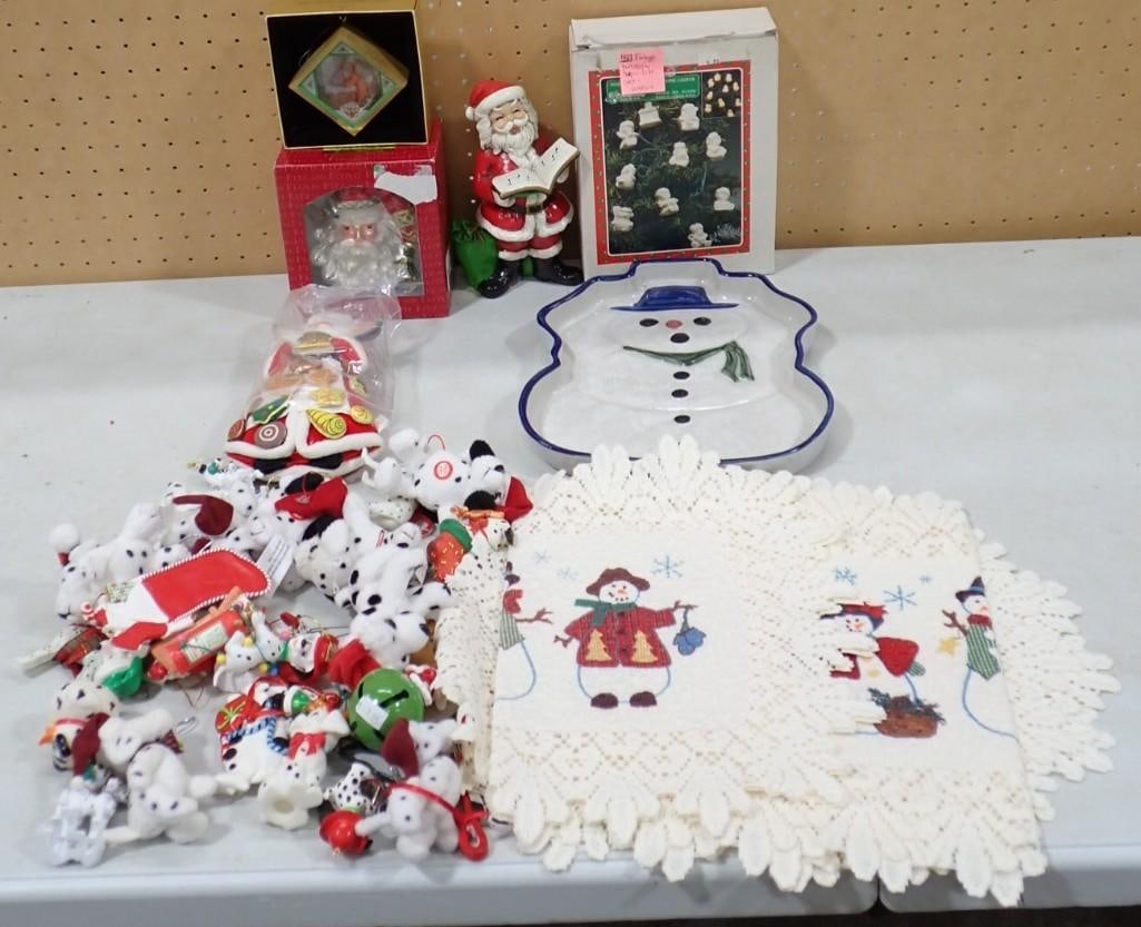 Christmas / Winter Lot, etc. Including Dalmatian Figures including Disney, Josef Originals Santa: Christmas / Winter Lot, etc. Including Dalmatian Figures including Disney, Josef Originals Santa, Christmas Ornaments, Table Runners, Doilies, Louisville Snowman Dish, etc. All pictures are considered