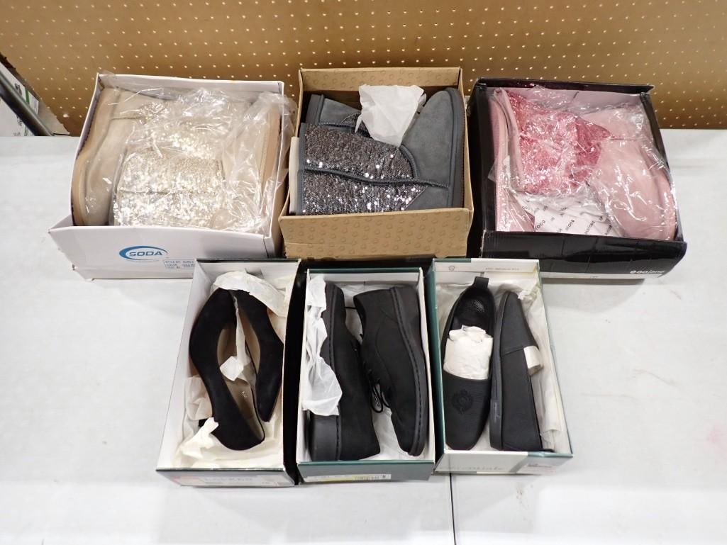 6 Pr of Footwear incl 3 Pair of Women's Black Shoes and 3 Pair of Sparkly Boots New in Box: 6 Pr of Shoes or Boots incl 3 Pair of Women's Black Shoes and 3 Pair of Sparkly Boots New in Box All pictures are considered part of the description and should be examined carefully by bidders. Li