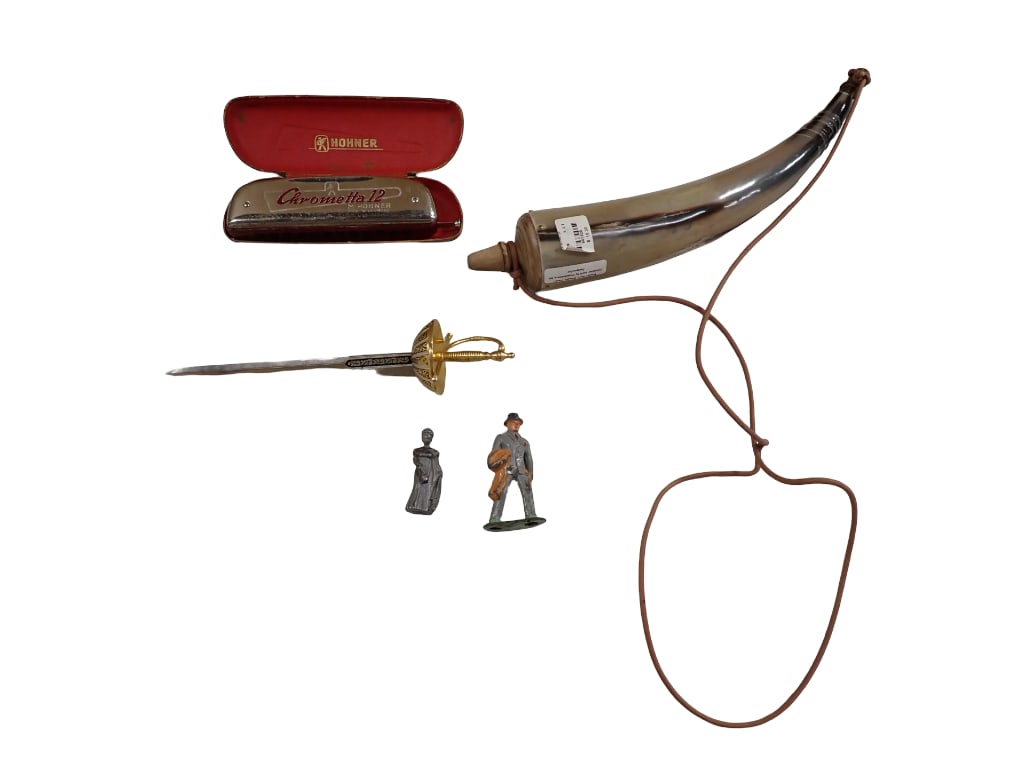 Collectibles incl M Hohner Chrometta 12 Harmonica, a Dagger, a Powder Horn, 2 Small Figures (1 of 7)