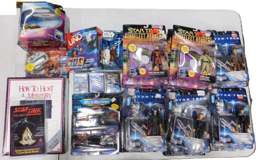 New in Package Star Trek Action Figures, Micro Machines, Uno Cards, Klingon Communication Talking: New in Package Star Trek Action Figures, Micro Machines, Uno Cards, Klingon Communication Talking Sound Badge, etc. All pictures are considered part of the description and should be examined carefully