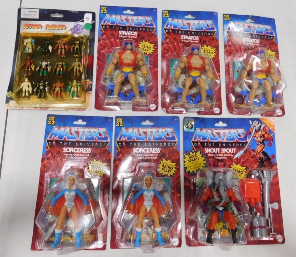 New in Package Action Figures including Masters of the Universe Stratos, Sorceress and Star Rider: New in Package Action Figures including He-Man MOTU Masters of the Universe Stratos, Sorceress and Star Riders Set of Action Figures All pictures are considered part of the description and should be e