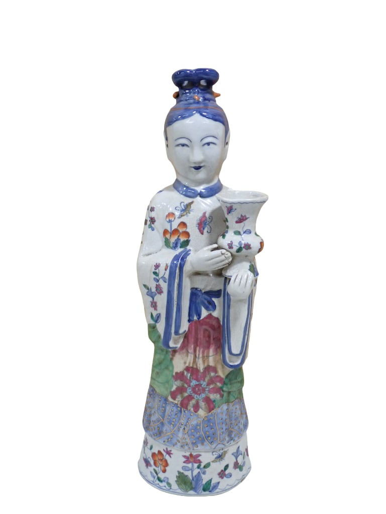 Chinese Pottery Statue of a Woman Holding a Vase.  Blue Chinese Stamp on the Bottom (1 of 5)